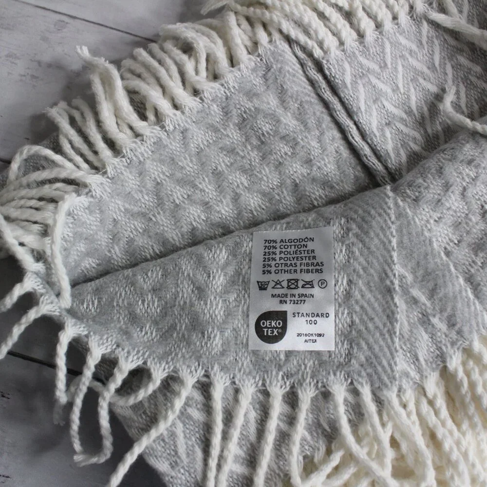 Made in Spain Throw Blanket Gray Off White Herringbone with Fringe Cotton Blend